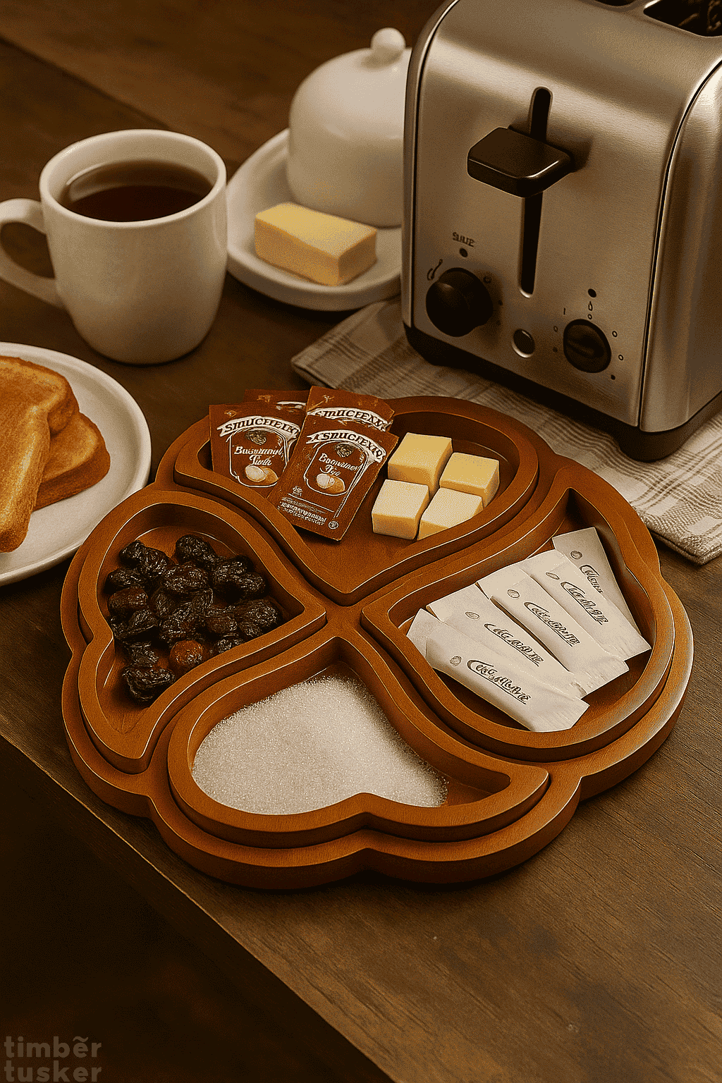 breakfast serving in wooden clover tray
