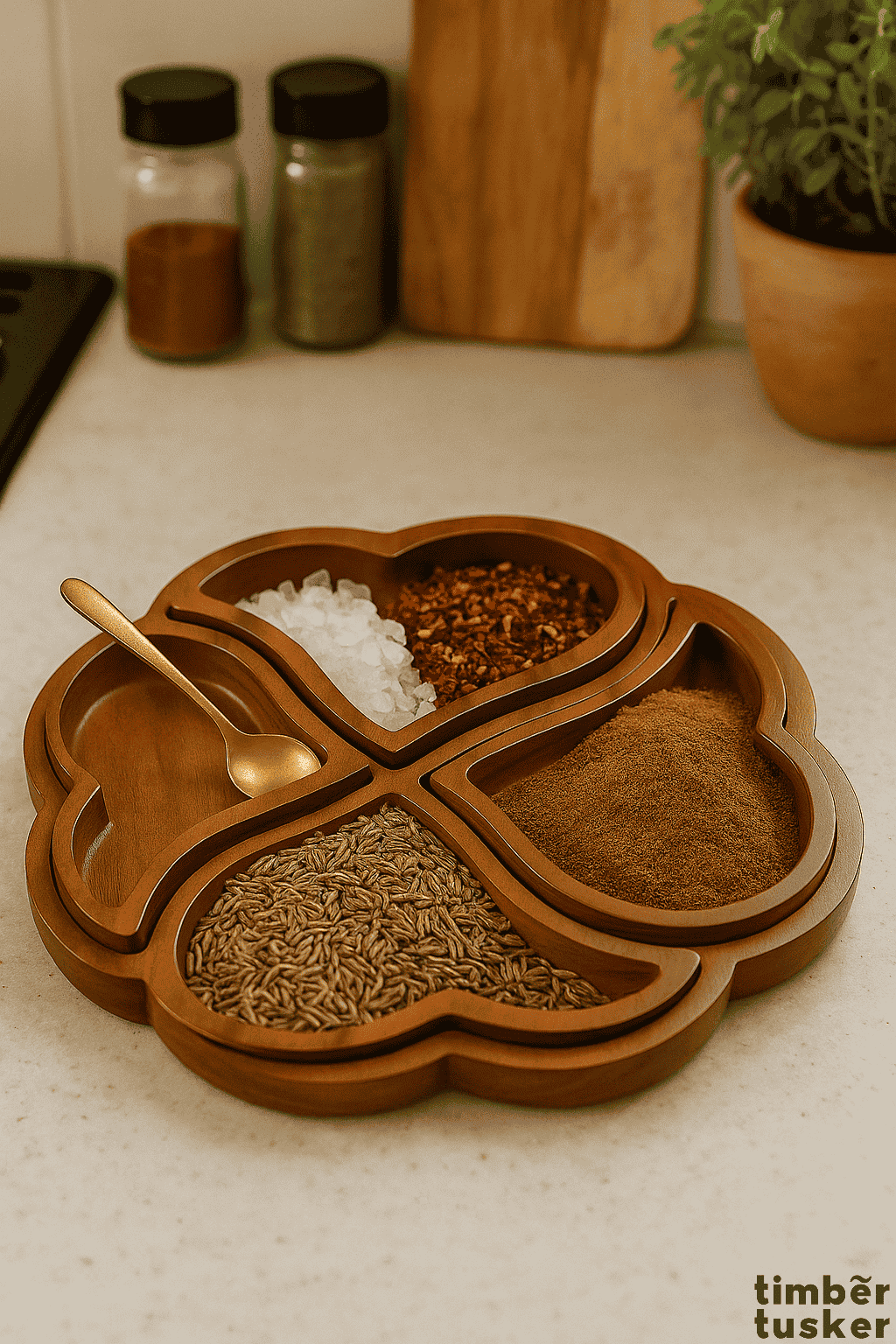 serving spices in wooden clover tray
