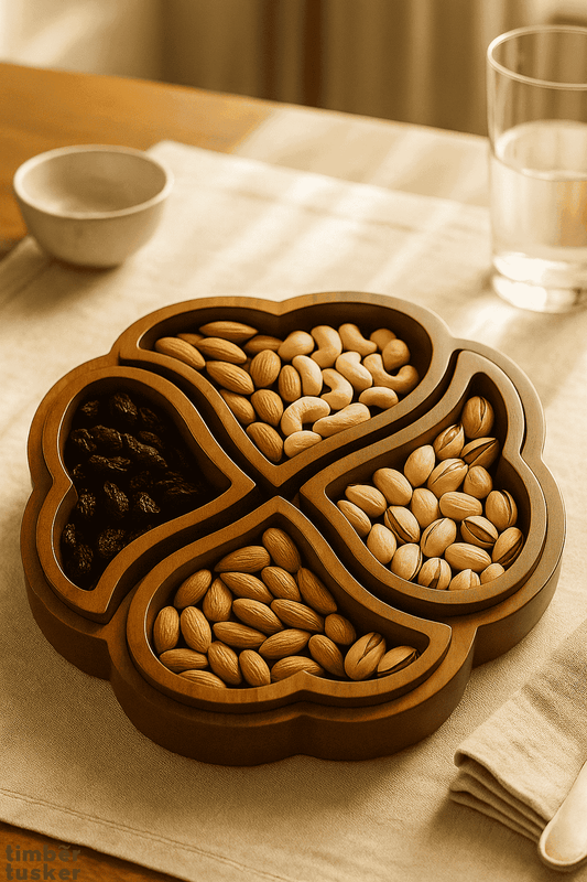 dry fruits place in wooden clover shaped tray-wooden handicrafts